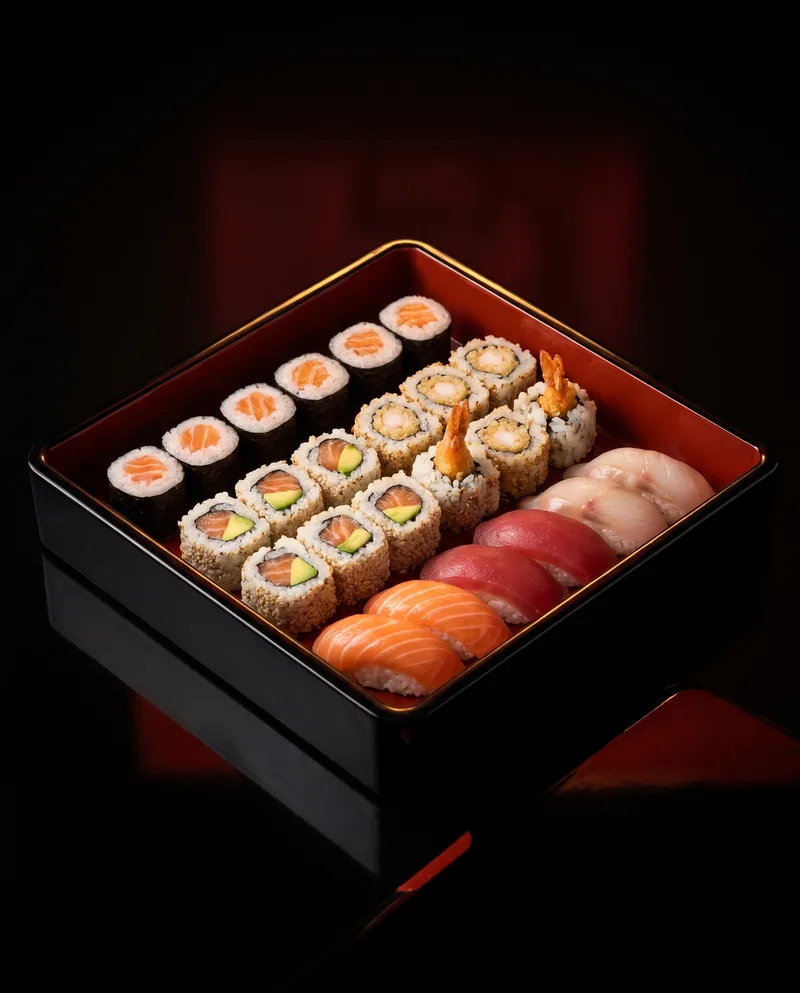 Le Plateau Duo : makis saumon, california et nigiris rangés dans un plateau laqué noir et rouge