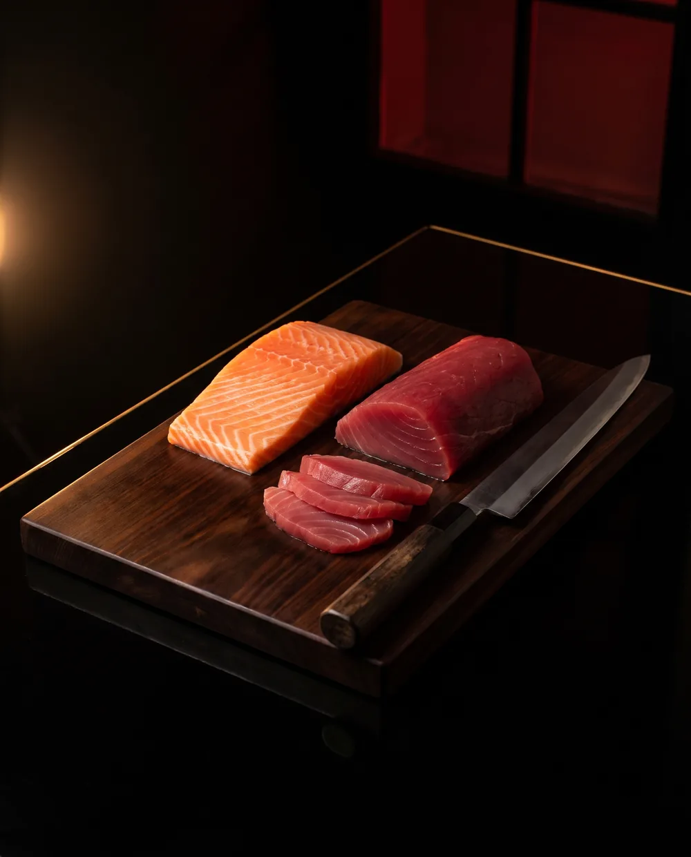 Un pavé de saumon et un pavé de thon rouge sur une planche, quelques tranches déjà découpées, un long couteau à sashimi posé à côté